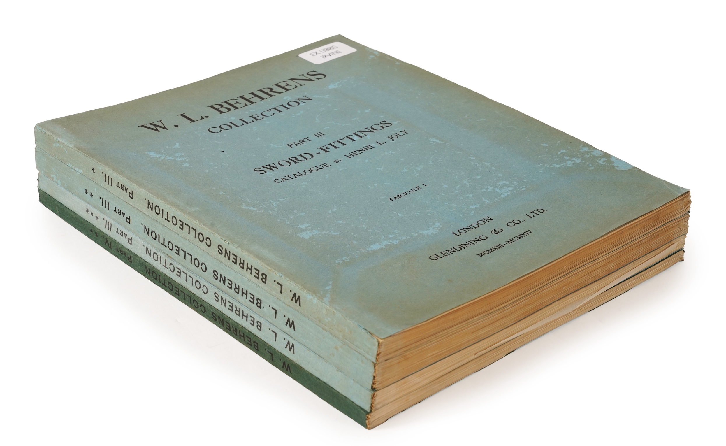 Henri L. Joly. 'W. L. Behrens Collection', four catalogues, Part I Netsuke, Part II Lacquer and Inro, Part III Sword Fittings, Glendening and Co., Ltd., MCMXIII-MCMXIV (1913-14), complete with prices obtained booklets